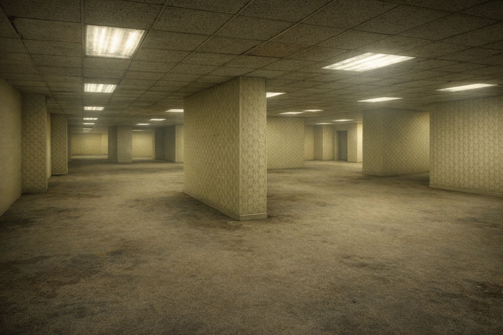 backrooms をイメージした不気味な無限に続く黄土色の部屋