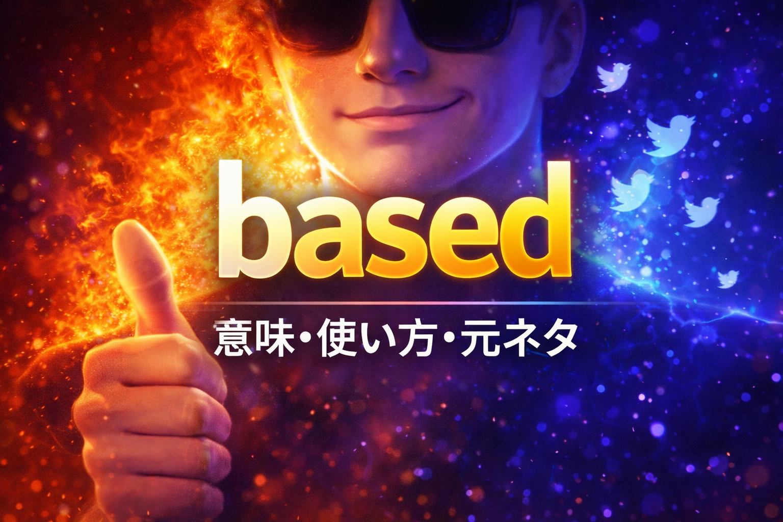 オレンジと青の光が分かれた背景に、サングラス姿で親指を立てる人物と based の文字、意味・使い方・元ネタと書かれた英語スラング解説用アイキャッチ画像