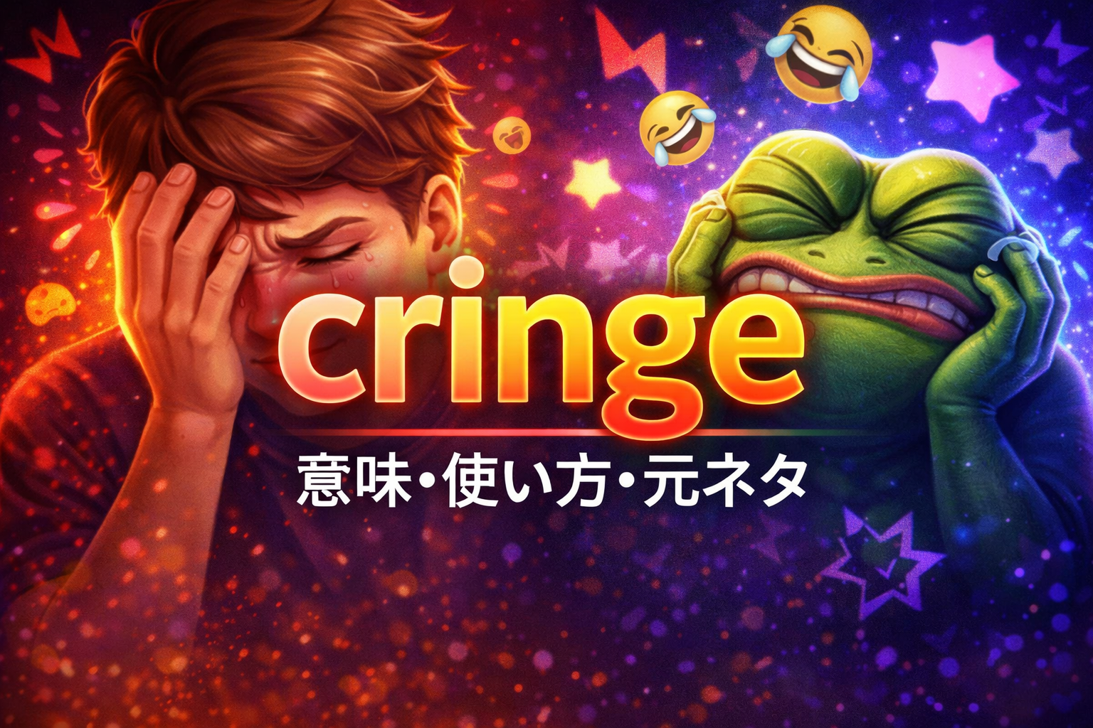 顔を覆って気まずそうにする人物と、苦い表情のカエル風キャラクターを背景に、cringe の文字と意味・使い方・元ネタと書かれた英語スラング解説用アイキャッチ画像