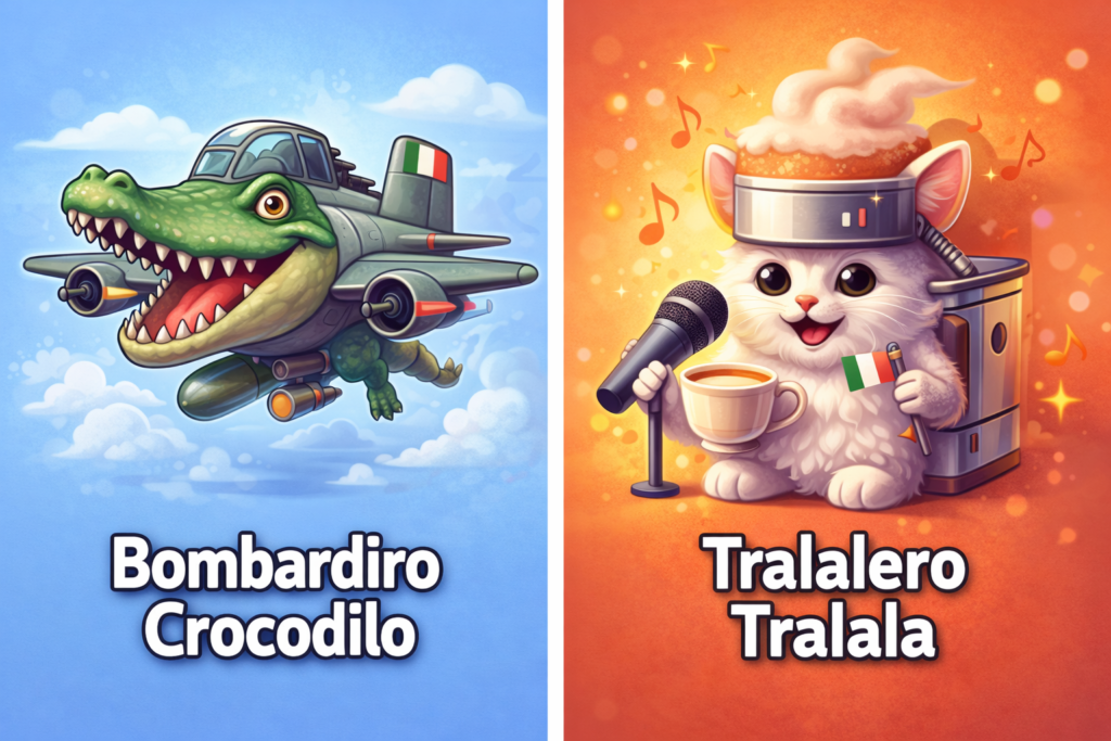 Italian Brainrot の代表キャラをイメージした Bombardiro Crocodilo と Tralalero Tralala の画像